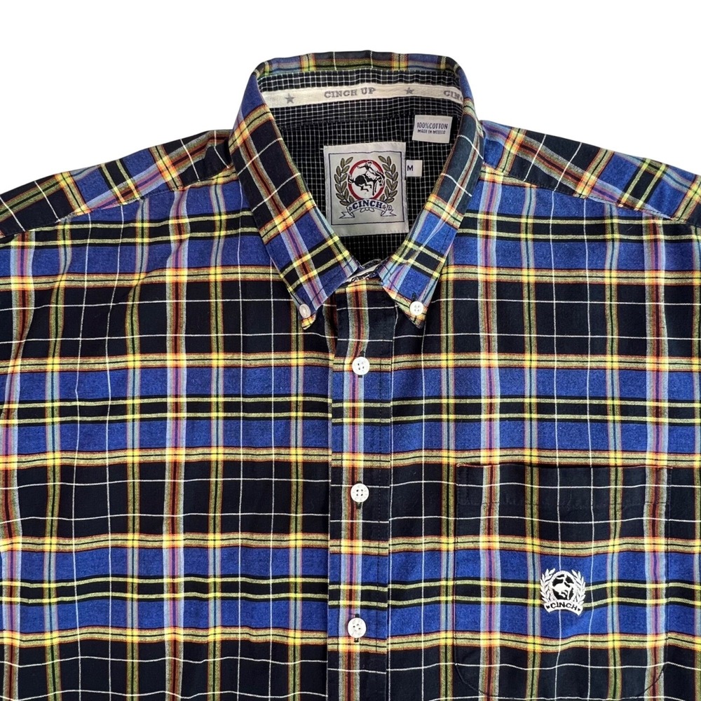 Cinch Dress Shirt Men's‎ MEDIUM Black Blue Yellow Plaid Western Long Sleeve